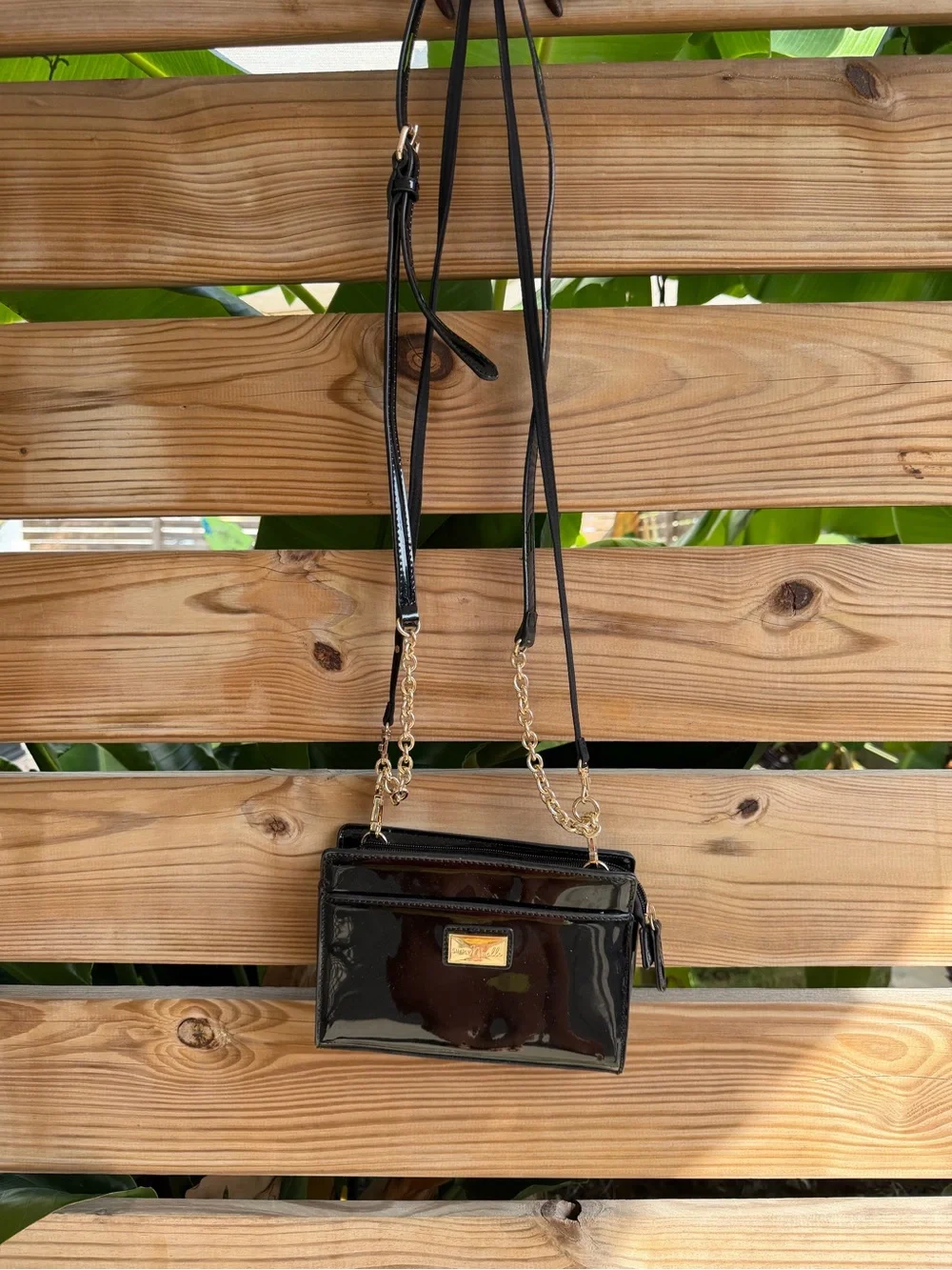 Black Patent Crossbody with Gold Chain
